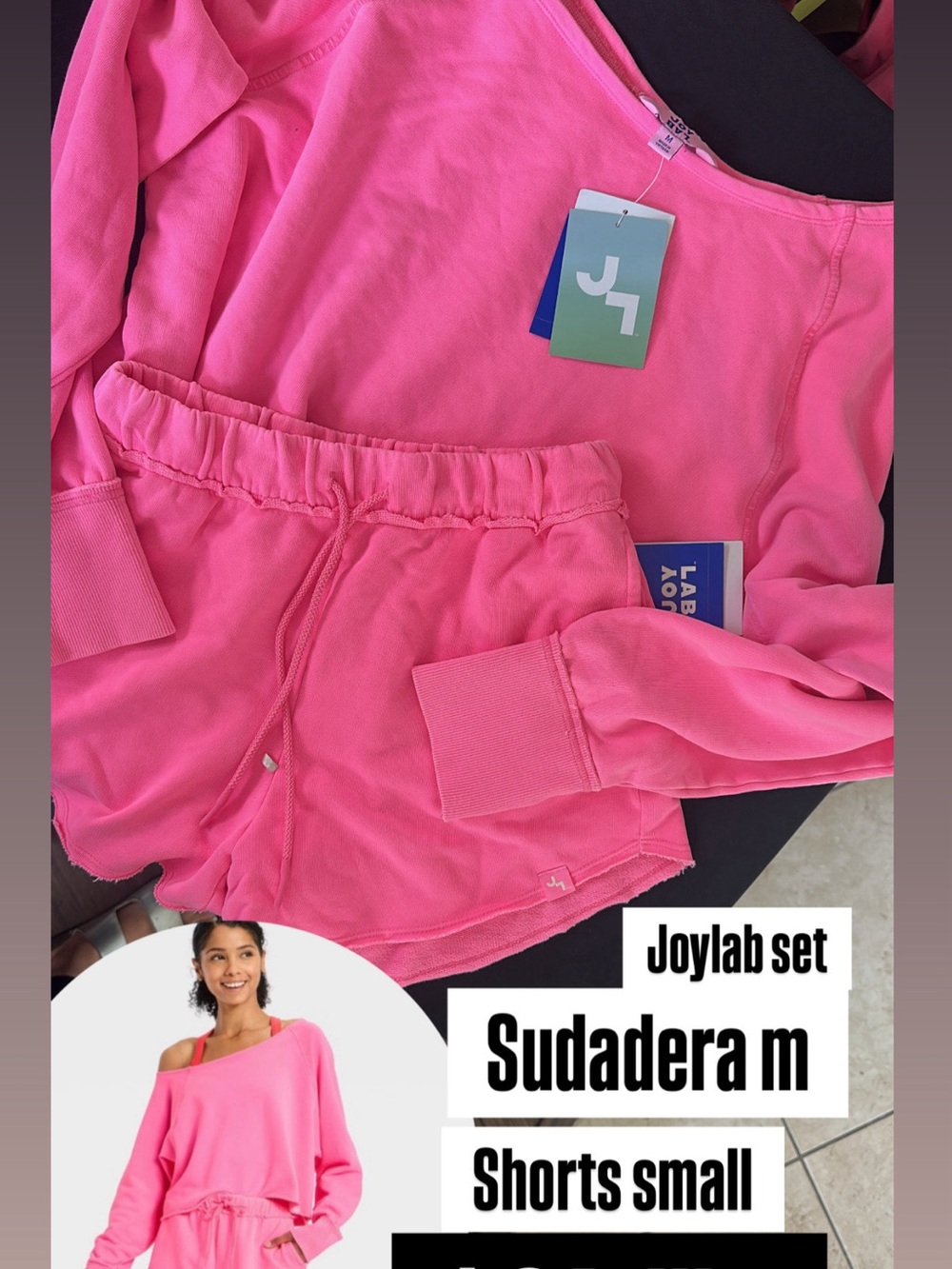 JoyLab Bright Pink Off-Shoulder Sweatshirt & Drawstring Shorts Set
